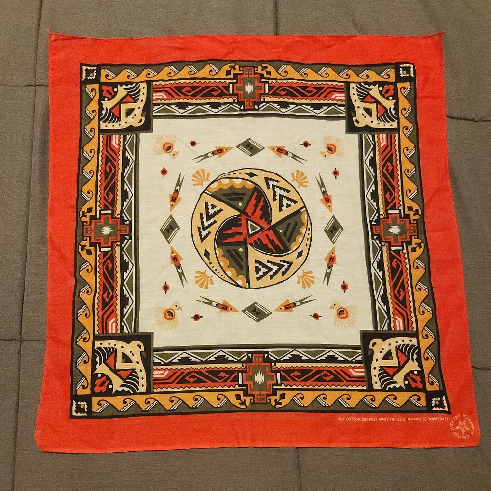 Vintage Wamcraft Southwest Aztec Native Print Bandana Handkerchief Black & Red